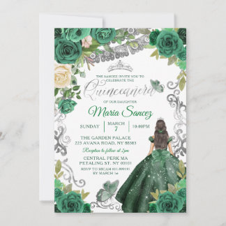 Silver Hunter Green Mexican Floral Quinceañera Einladung