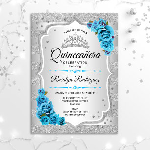 Silver Icy Blue Turquoise Quinceanera Einladung