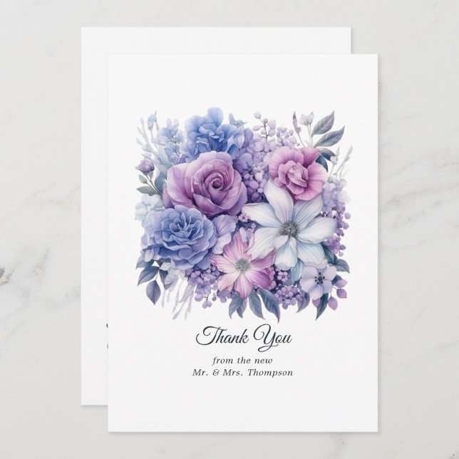 Silver, Icy Blue und Lilac Floral Wedding Dankeskarte (Vorne/Hinten)