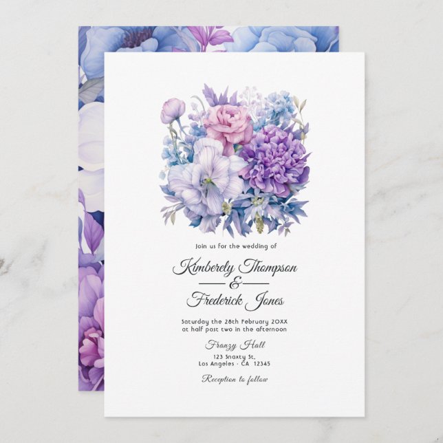 Silver, Icy Blue und Lilac Floral Wedding Einladung (Vorne/Hinten)