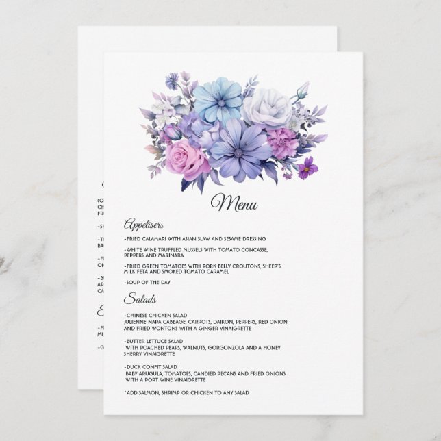 Silver, Icy Blue und Lilac Floral Wedding Menükarte (Vorne/Hinten)