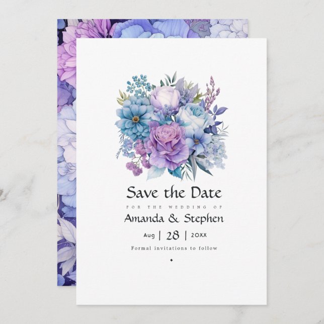 Silver, Icy Blue und Lilac Floral Wedding Save The Date (Vorne/Hinten)