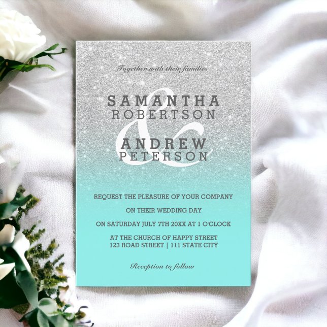 Silver Imitate Glitzer aquamarin ombre Brautübunge Einladung (Silver faux glitter teal ombre wedding custom invitation)