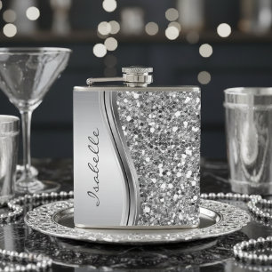 Silver Imitate Glitzer Glam Bling Personalisiert M Flachmann
