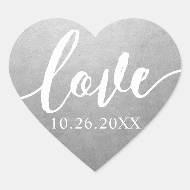 Silver Imitats Foil Liebe Script Hochzeitdatum Herz-Aufkleber (Vorderseite)