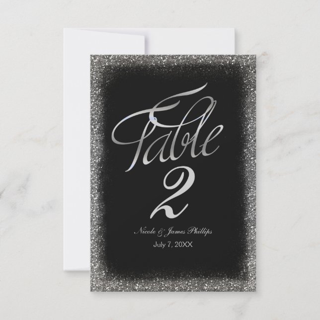 Silver Imitats Glitzer & Black Glam Table Card Num Einladung (Vorderseite)