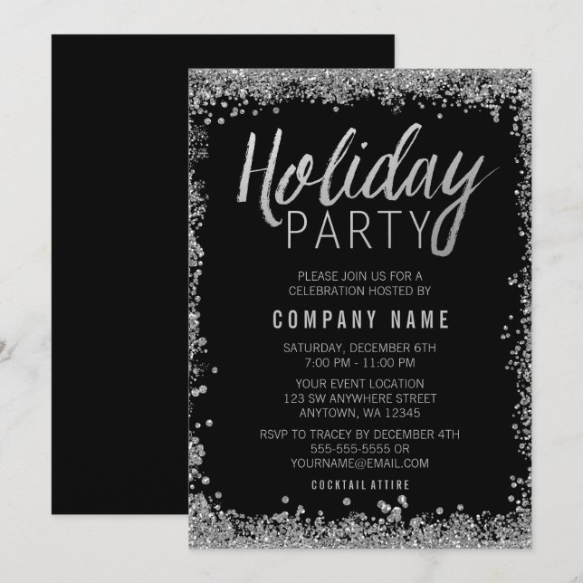 Silver Imitats Glitzer Black Holiday Party Einladung (Vorne/Hinten)