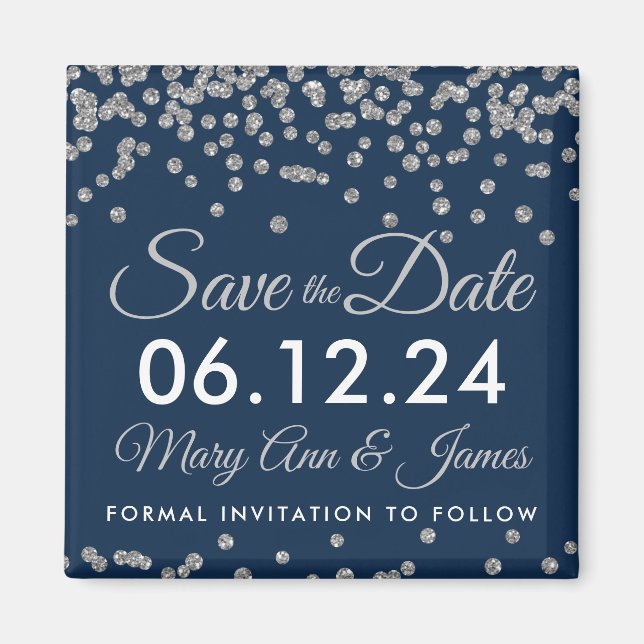 Silver Imitats Glitzer Confetti Navy Save the Date Magnet (Vorne)