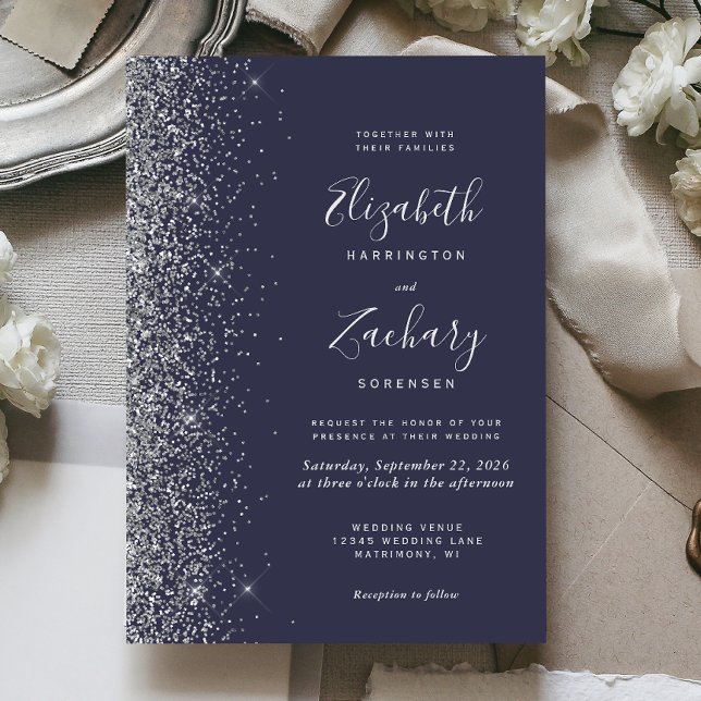 Silver Imitats Glitzer Edge Dark Blue Wedding Einladung (Von Creator hochgeladen)