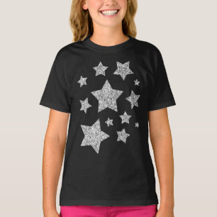 Silver Imitats Glitzer Glitzern Schwarz-weiß Stars T-Shirt