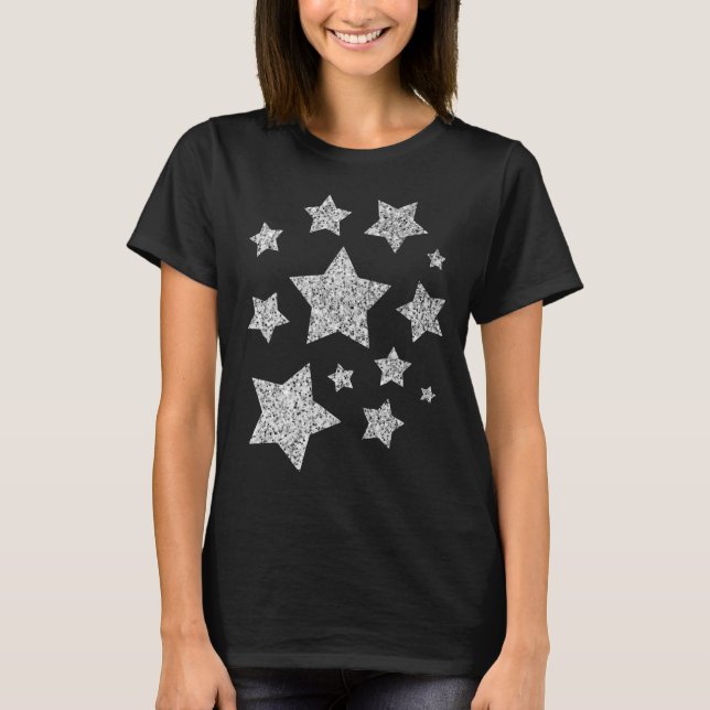 Silver Imitats Glitzer Glitzern Schwarz-weiß Stars T-Shirt (Vorderseite)