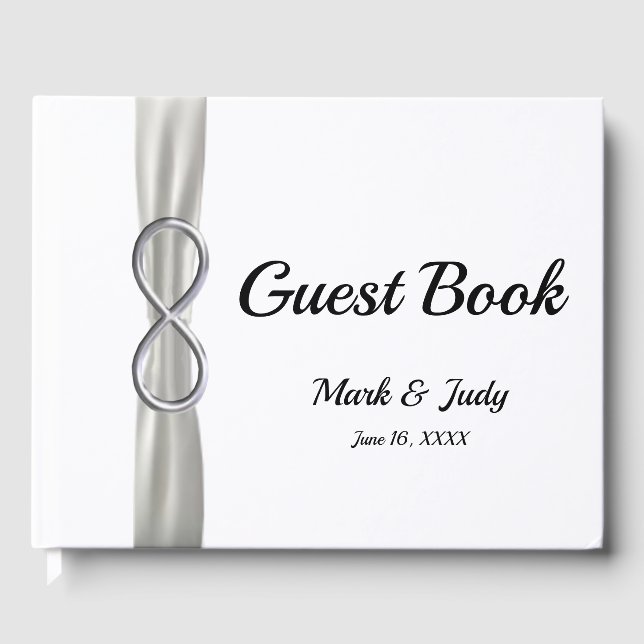 Silver Infinity White Ribbon Wedding Guestbook Gästebuch (Vorderseite)