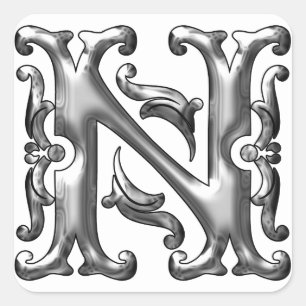 Silver Initial N Hauptstadt Letter Monogram Aufkle Quadratischer Aufkleber