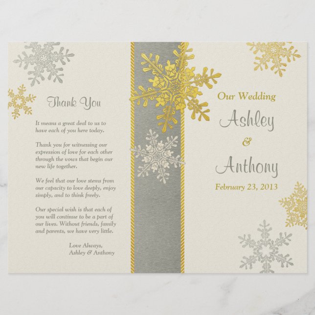 Silver Ivory Gold Snowflake Winter Wedding Program (Vorderseite)