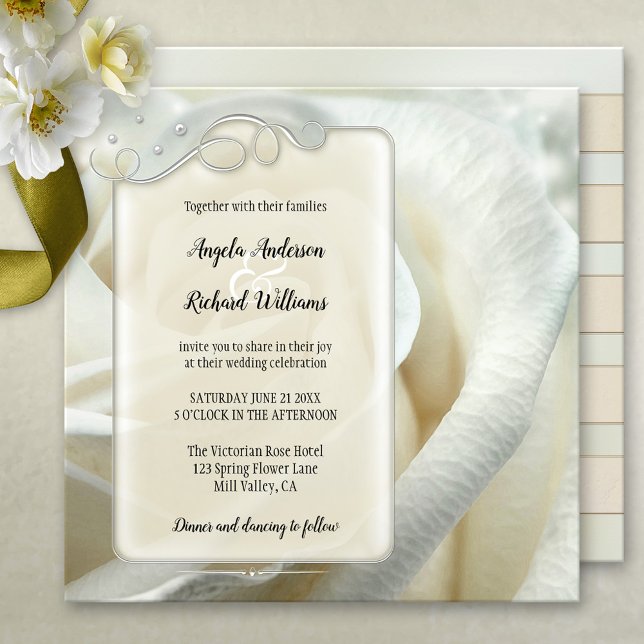 Silver Ivory Rose Hochzeit Einladung (A modern artistic wedding invitation with silver floral swirls on an ivory rose painted background)