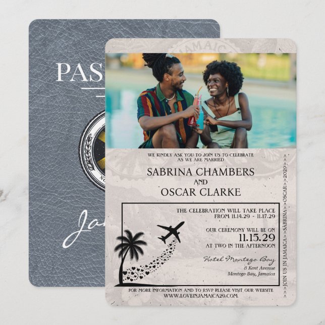 Silver Jamaica Passport Wedding Einladung (Vorne/Hinten)