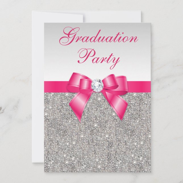Silver Jewels Hot Pink Bow Girls Graduation Party Einladung (Vorderseite)