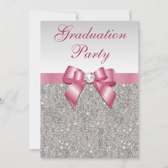 Silver Jewels Pink Bow Girls Graduation Party Einladung (Vorderseite)