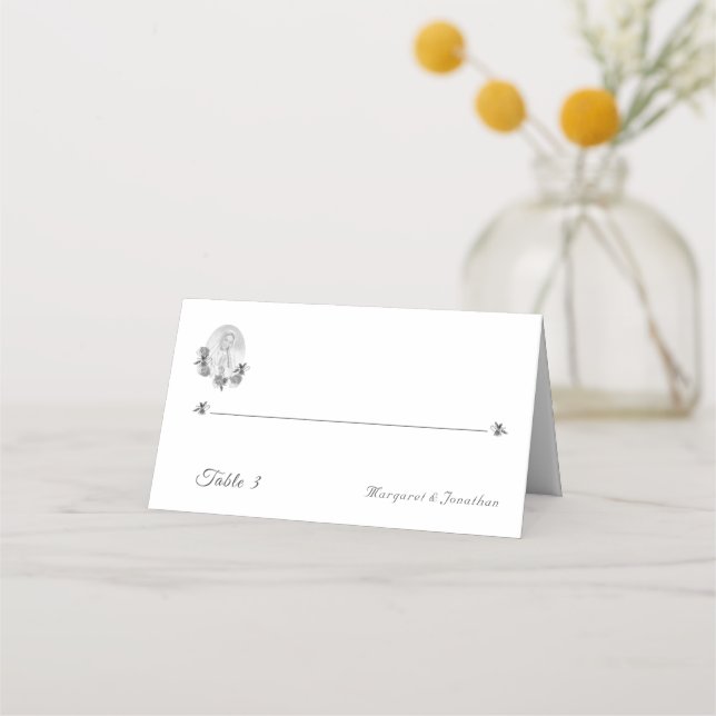Silver Jungfrau Mary Wedding Falte Platzkarte (Vorderseite)
