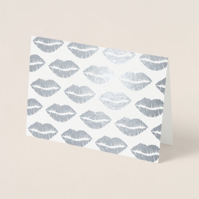 Silver Kisses Lipstick Kiss Print Liebe Valentine Folienkarte (Vorderseite)