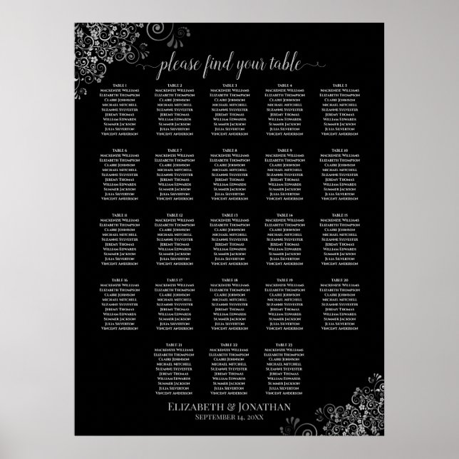 Silver Lace 23 Table Black Wedding Seating Chart Poster (Vorne)