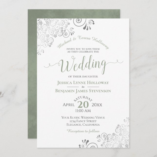 Silver Lace and Sage Green Formal White Wedding Einladung (Vorne/Hinten)