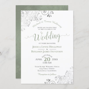 Silver Lace and Sage Green Formal White Wedding Einladung