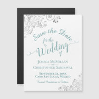 Silver Lace Aquamarin auf White Save the Date Magn