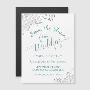 Silver Lace Aquamarin auf White Save the Date Magn Magnetkarte