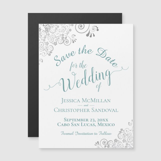 Silver Lace Aquamarin auf White Save the Date Magn Magnetkarte (Vorne/Hinten)