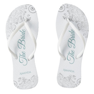 Silver Lace & Aquamarin auf White The Bride Weddin Flip Flops