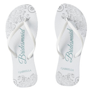 Silver Lace Aquamarin Elegante White Bridesmaid Ho Flip Flops