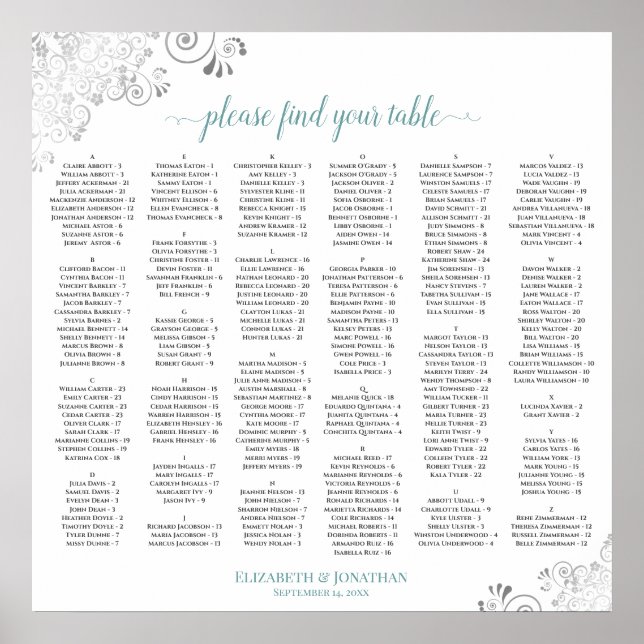 Silver Lace Aquamarin Script Alphabetic Seekarte Poster (Vorne)