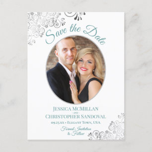 Silver Lace Aquamarin White Wedding Save the Date  Ankündigungspostkarte