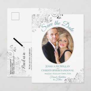 Silver Lace Aquamarin White Wedding Save the Date Ankündigungspostkarte