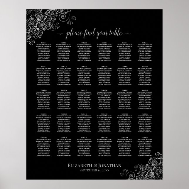 Silver Lace Black 30 Table Wedding Seating Chart Poster (Vorne)