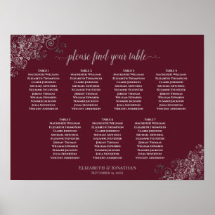 Silver Lace Burgundy 7 Table Wedding Chart Poster