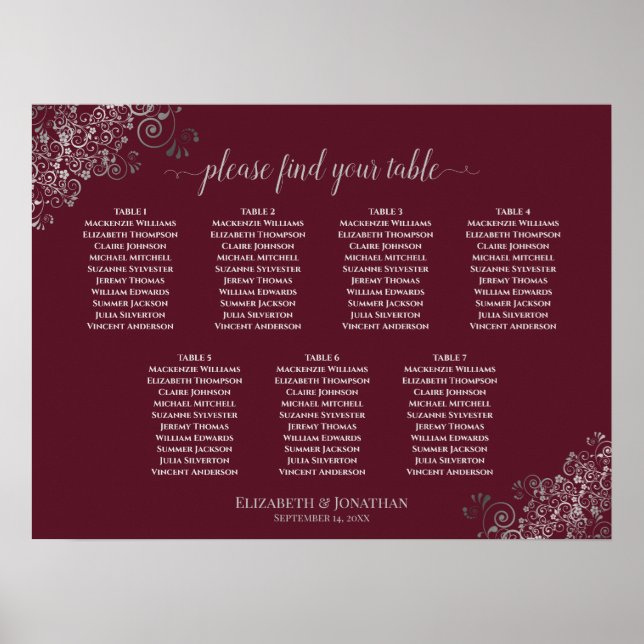 Silver Lace Burgundy 7 Table Wedding Chart Poster (Vorne)