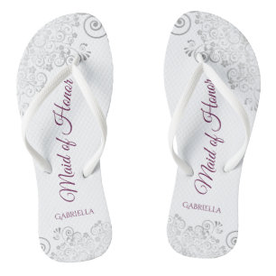 Silver Lace Cassis auf White Trauzeugin Wedding Flip Flops