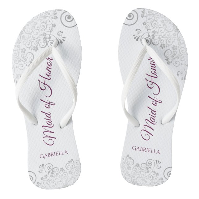 Silver Lace Cassis auf White Trauzeugin Wedding Flip Flops (Fußbett)