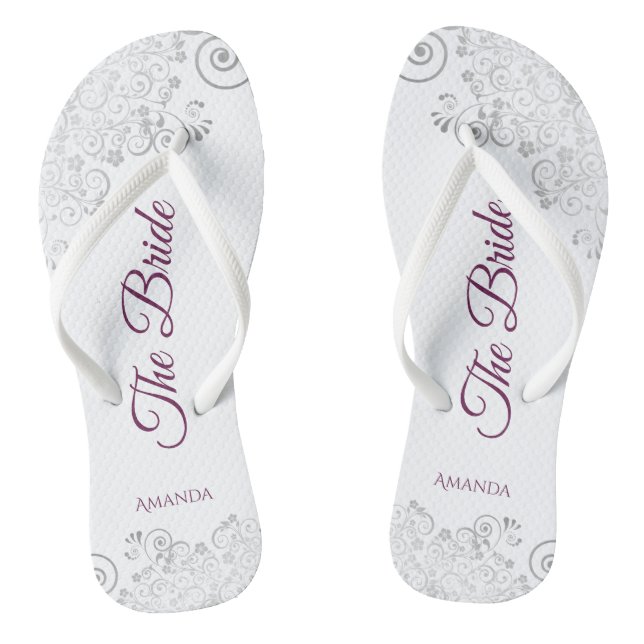 Silver Lace Cassis Lila die Braut White Wedding Flip Flops (Fußbett)