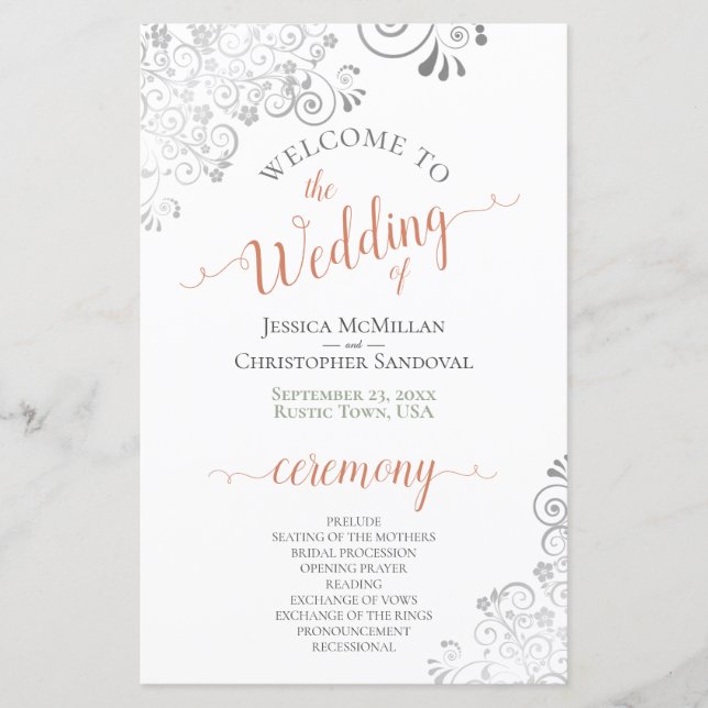 Silver Lace Coral am White Budget Wedding Program (Vorderseite)