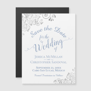 Silver Lace Dusty Blue Save the Date White Magnet