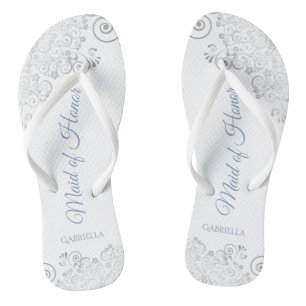 Silver Lace & Dusty Blue Trauzeugin Wedding Flip Flops
