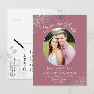 Silver Lace Dusty Rose Wedding Save the Date Foto Ankündigungspostkarte