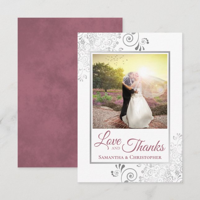 Silver Lace Dusty Rose Weiße Liebe & Dank Hochzeit Dankeskarte (Vorne/Hinten)