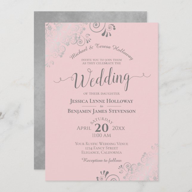 Silver Lace Elegant Blush Pink Feierliche Hochzeit Einladung (Vorne/Hinten)