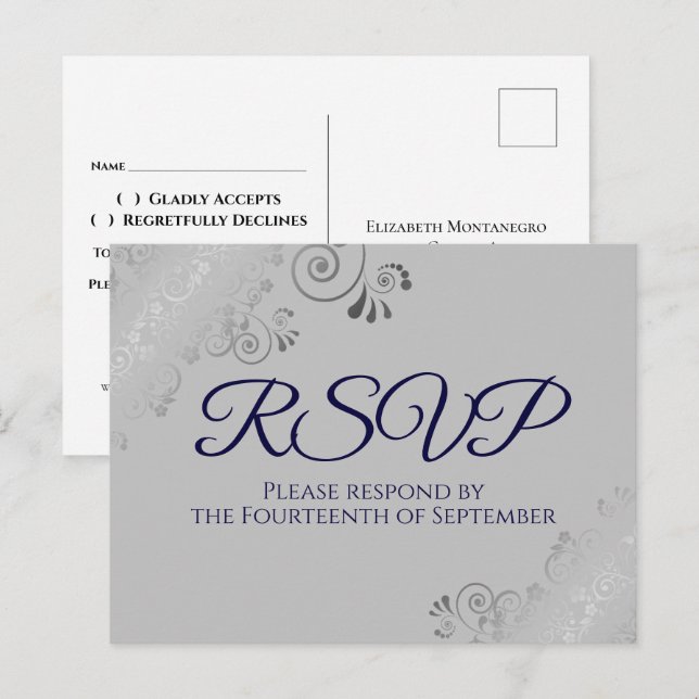 Silver Lace Elegant Navy Blue on Gray Wedding RSVP Postkarte (Vorne/Hinten)