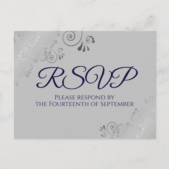 Silver Lace Elegant Navy Blue on Gray Wedding RSVP Postkarte (Vorderseite)