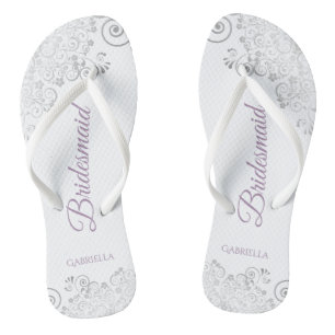 Silver Lace & Lavender Script Bridesmaid Wedding Flip Flops